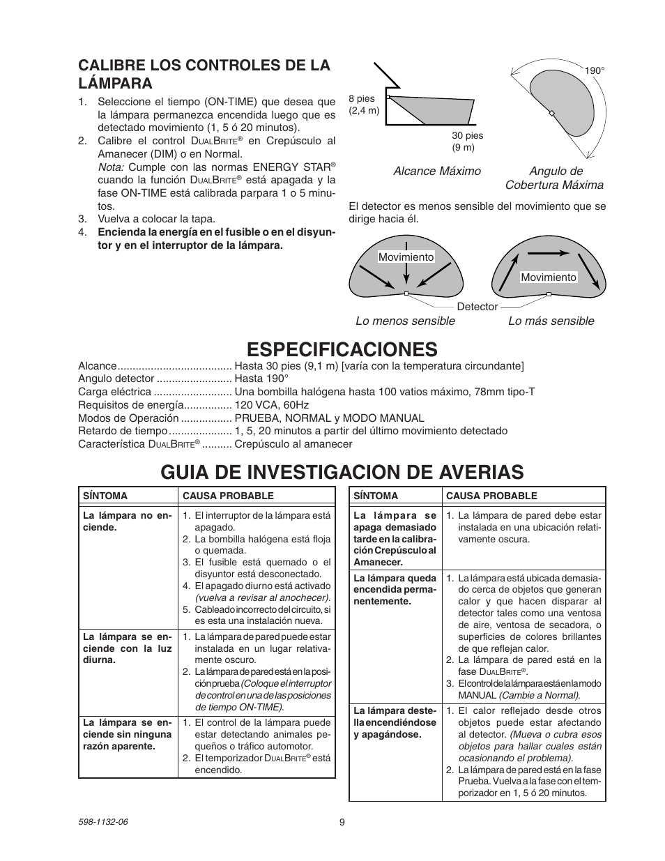 Especificaciones, Guia de investigacion de averias, Calibre los controles de la lámpara | Heath Zenith DualBrite Security Light 5630 User Manual | Page 9 / 16