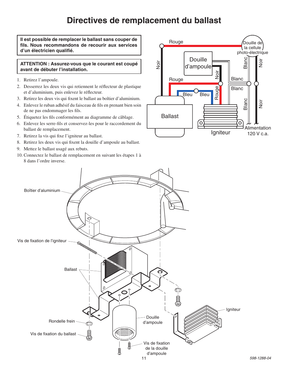 Directives de remplacement du ballast, Douille d’ampoule ballast igniteur | Heath Zenith UT-5666-AL User Manual | Page 11 / 12