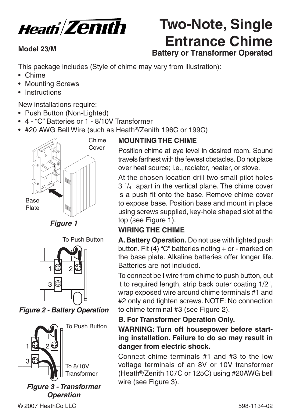 Heath Zenith Single Entrance Chime 23/M User Manual | 8 pages