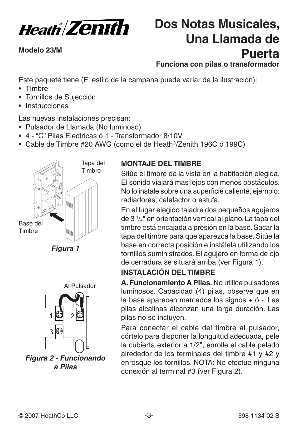 Dos notas musicales, una llamada de puerta | Heath Zenith Single Entrance Chime 23/M User Manual | Page 3 / 8