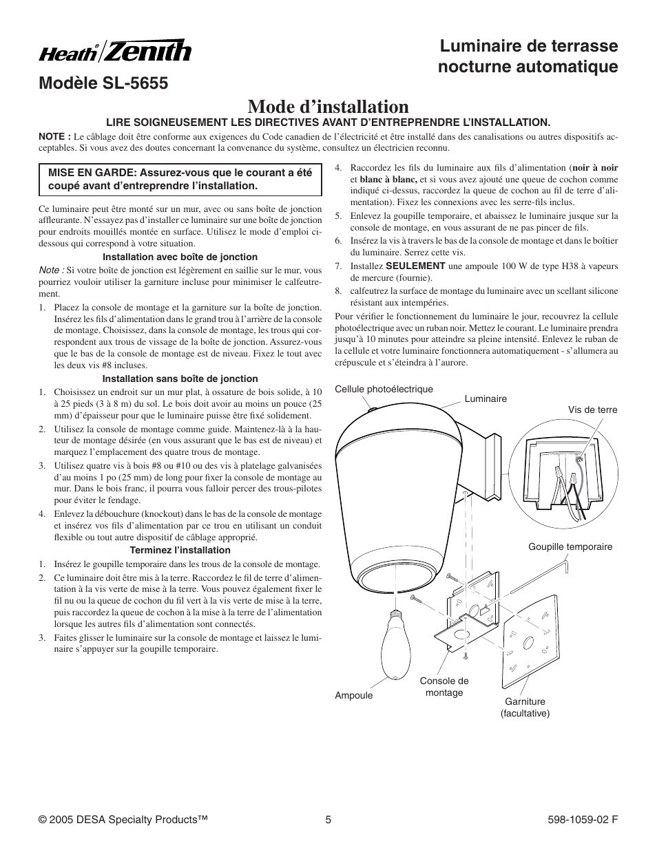 Mode d’installation | Heath Zenith SL-5655 User Manual | Page 5 / 8