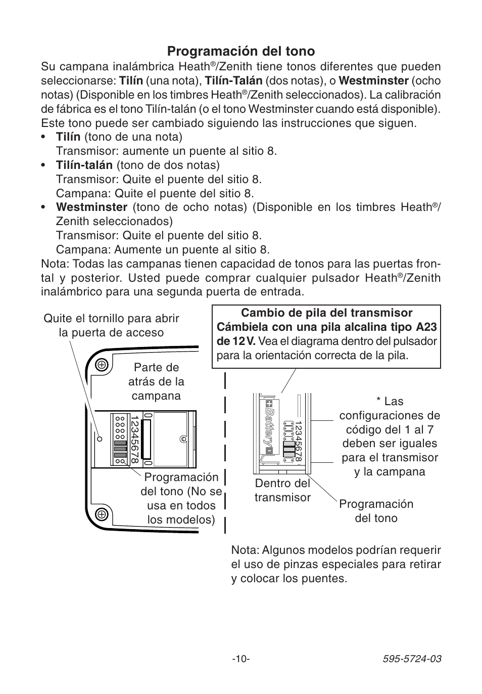 Programación del tono | Heath Zenith WIRELESS SL-6168 User Manual | Page 10 / 20