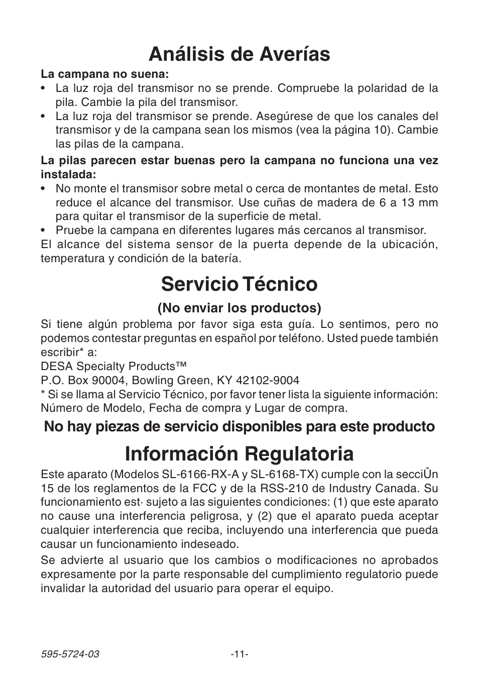 Información regulatoria, Servicio técnico, Análisis de averías | Heath Zenith WIRELESS SL-6168 User Manual | Page 11 / 20