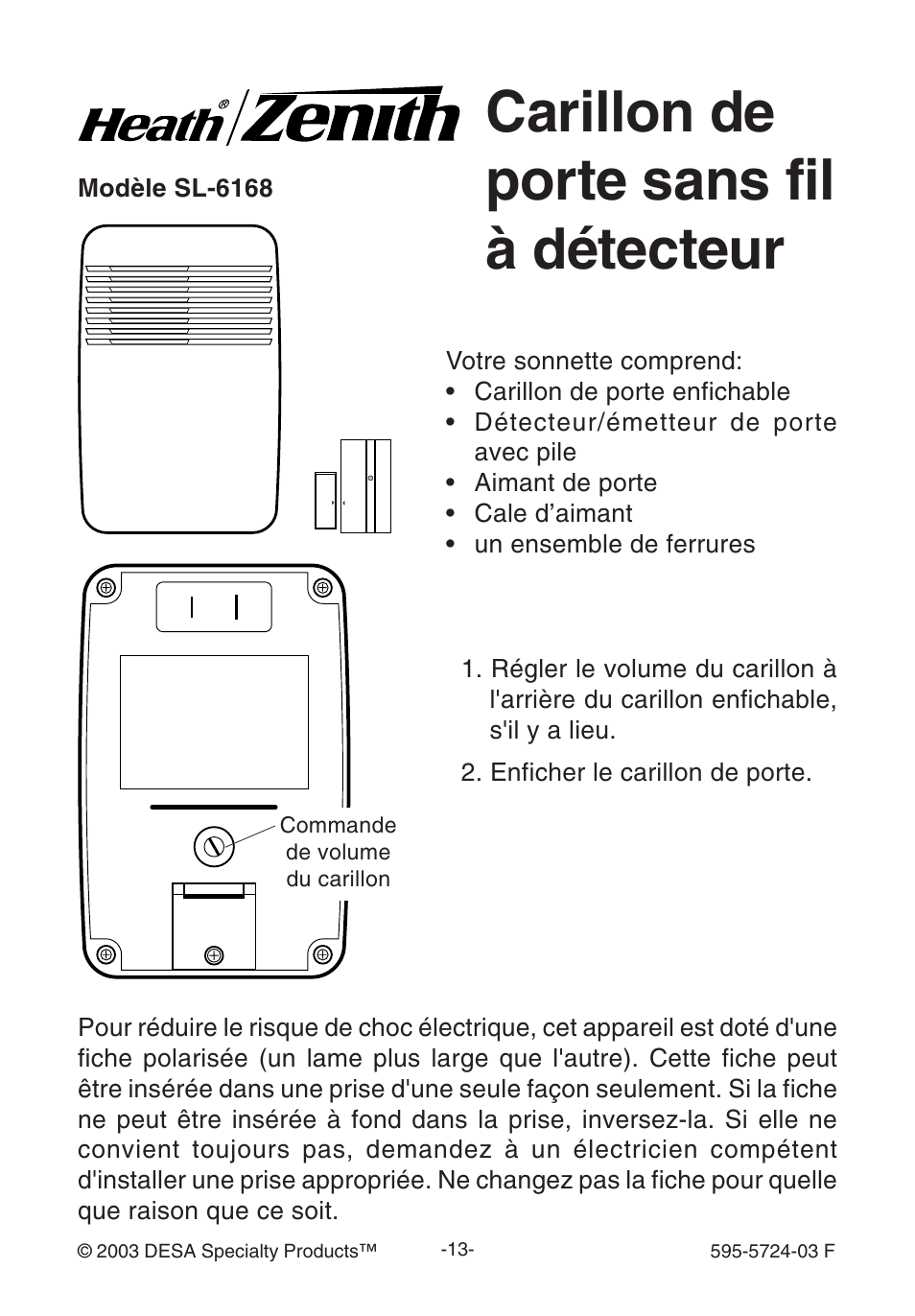 Carillon de porte sans fil à détecteur | Heath Zenith WIRELESS SL-6168 User Manual | Page 13 / 20