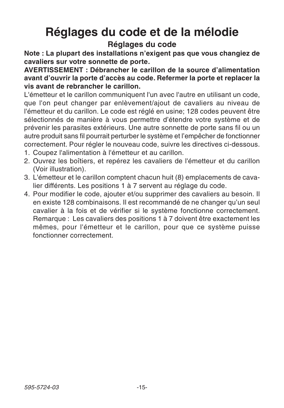 Réglages du code et de la mélodie | Heath Zenith WIRELESS SL-6168 User Manual | Page 15 / 20
