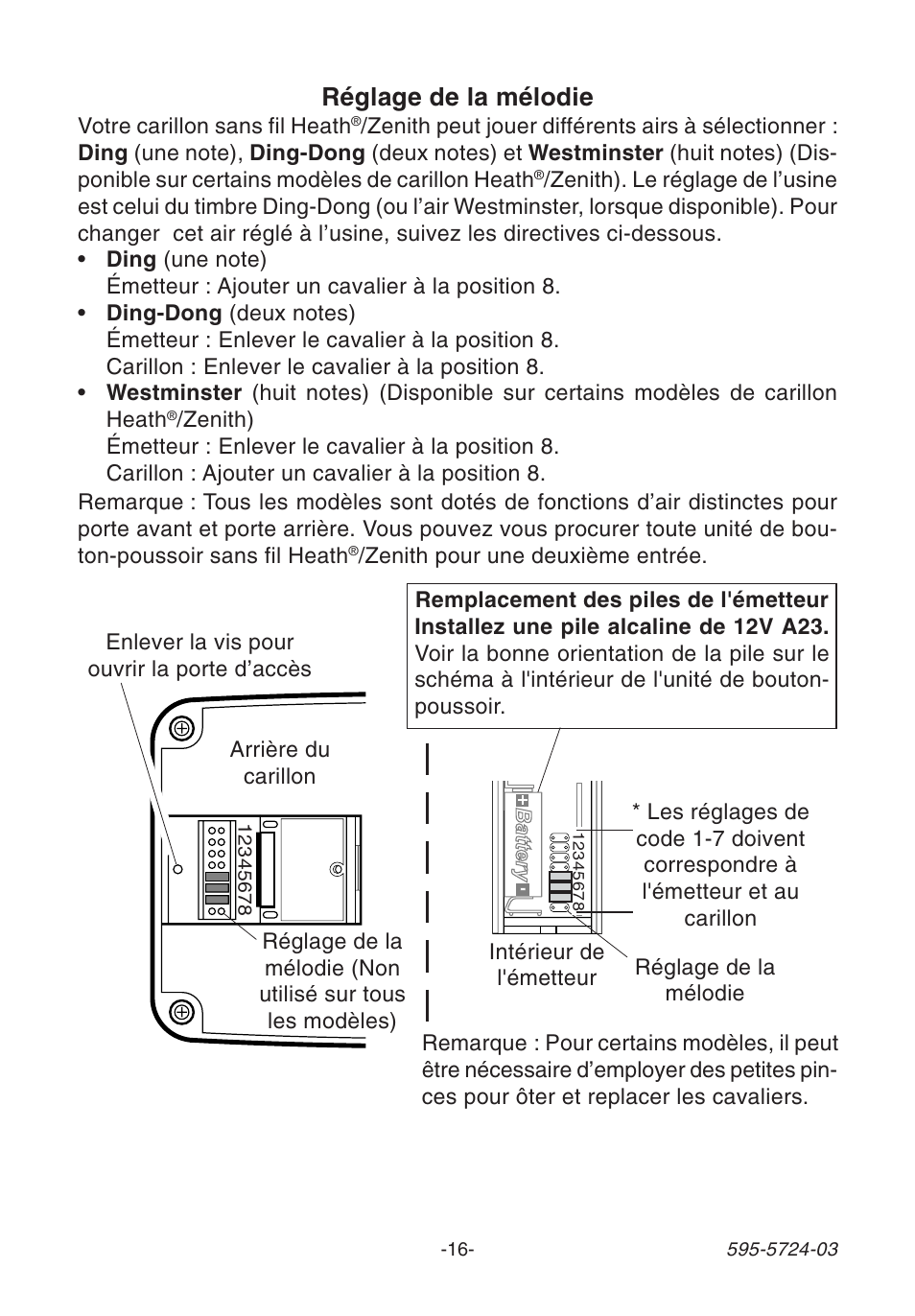 Réglage de la mélodie | Heath Zenith WIRELESS SL-6168 User Manual | Page 16 / 20