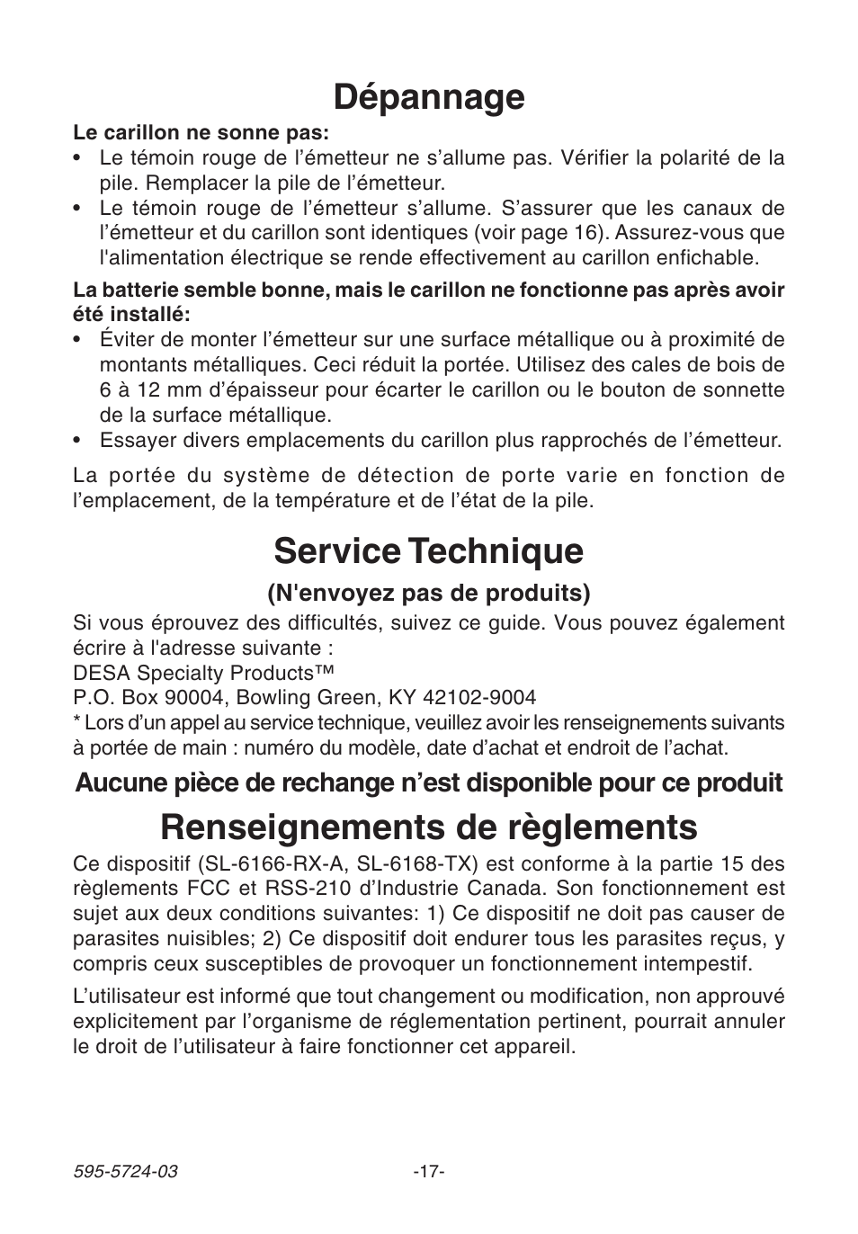 Renseignements de règlements, Service technique, Dépannage | Heath Zenith WIRELESS SL-6168 User Manual | Page 17 / 20