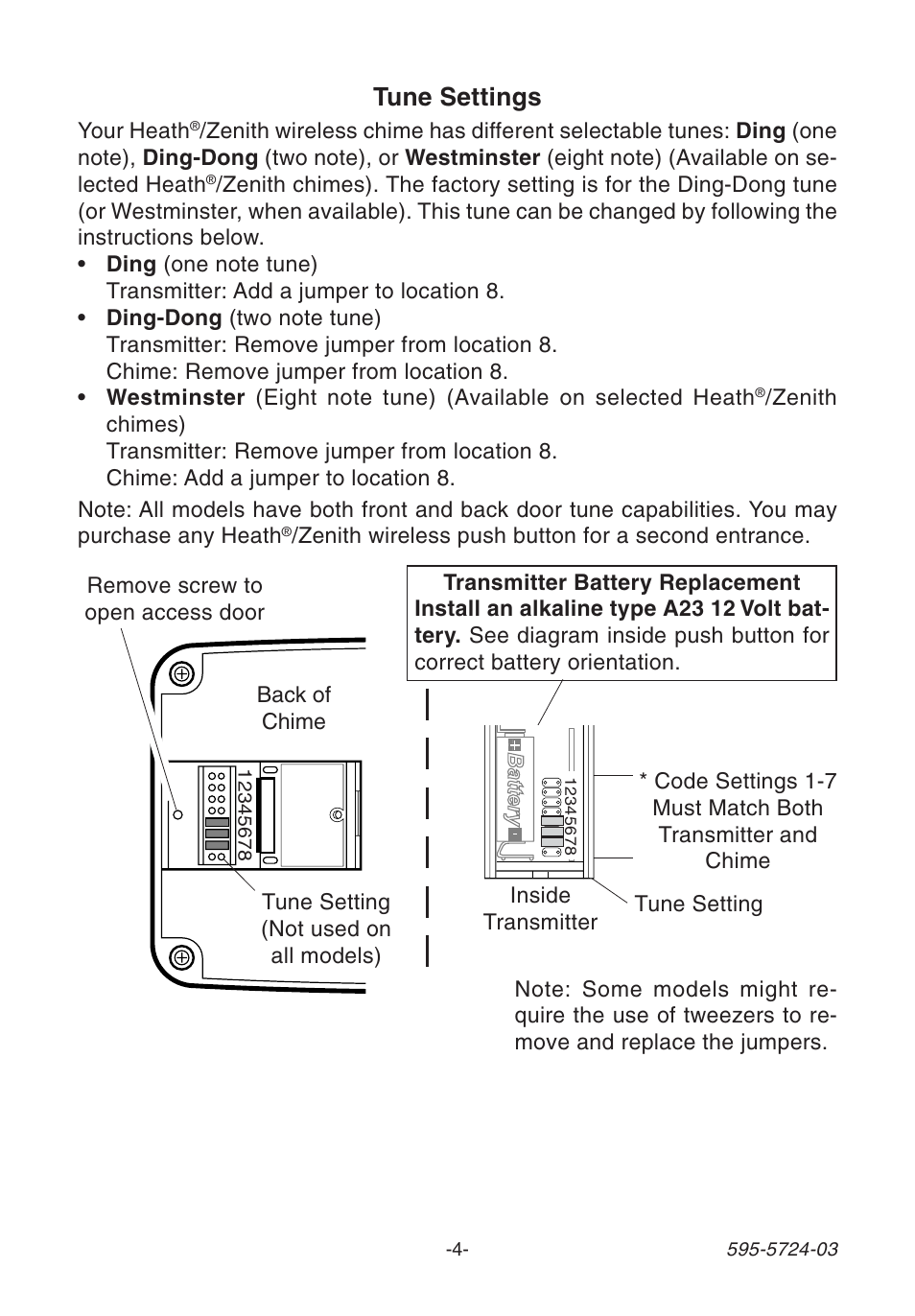 Tune settings | Heath Zenith WIRELESS SL-6168 User Manual | Page 4 / 20