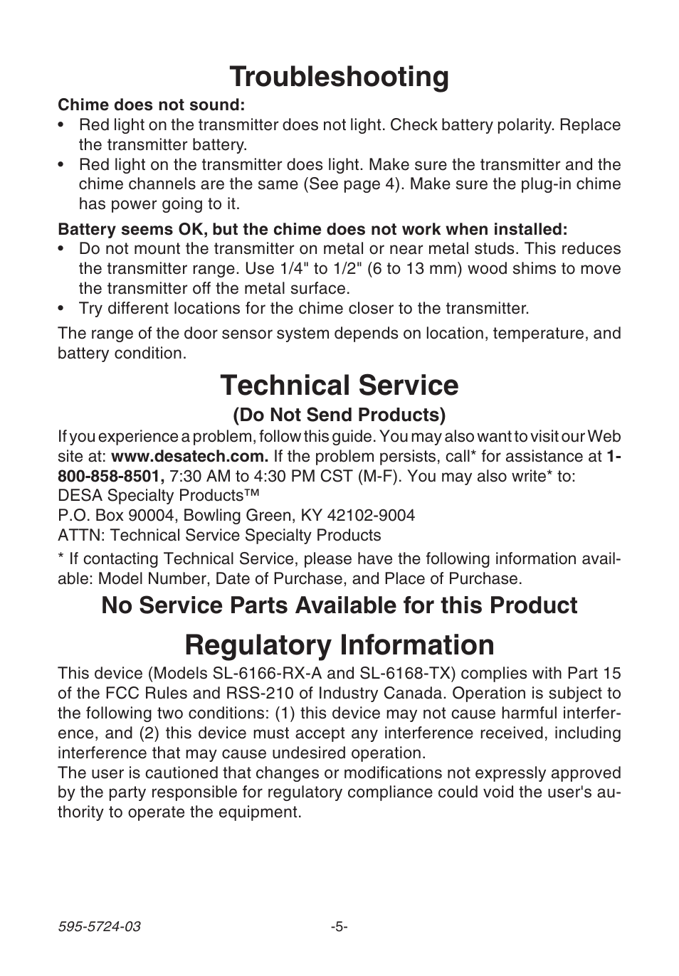 Regulatory information, Technical service, Troubleshooting | No service parts available for this product | Heath Zenith WIRELESS SL-6168 User Manual | Page 5 / 20