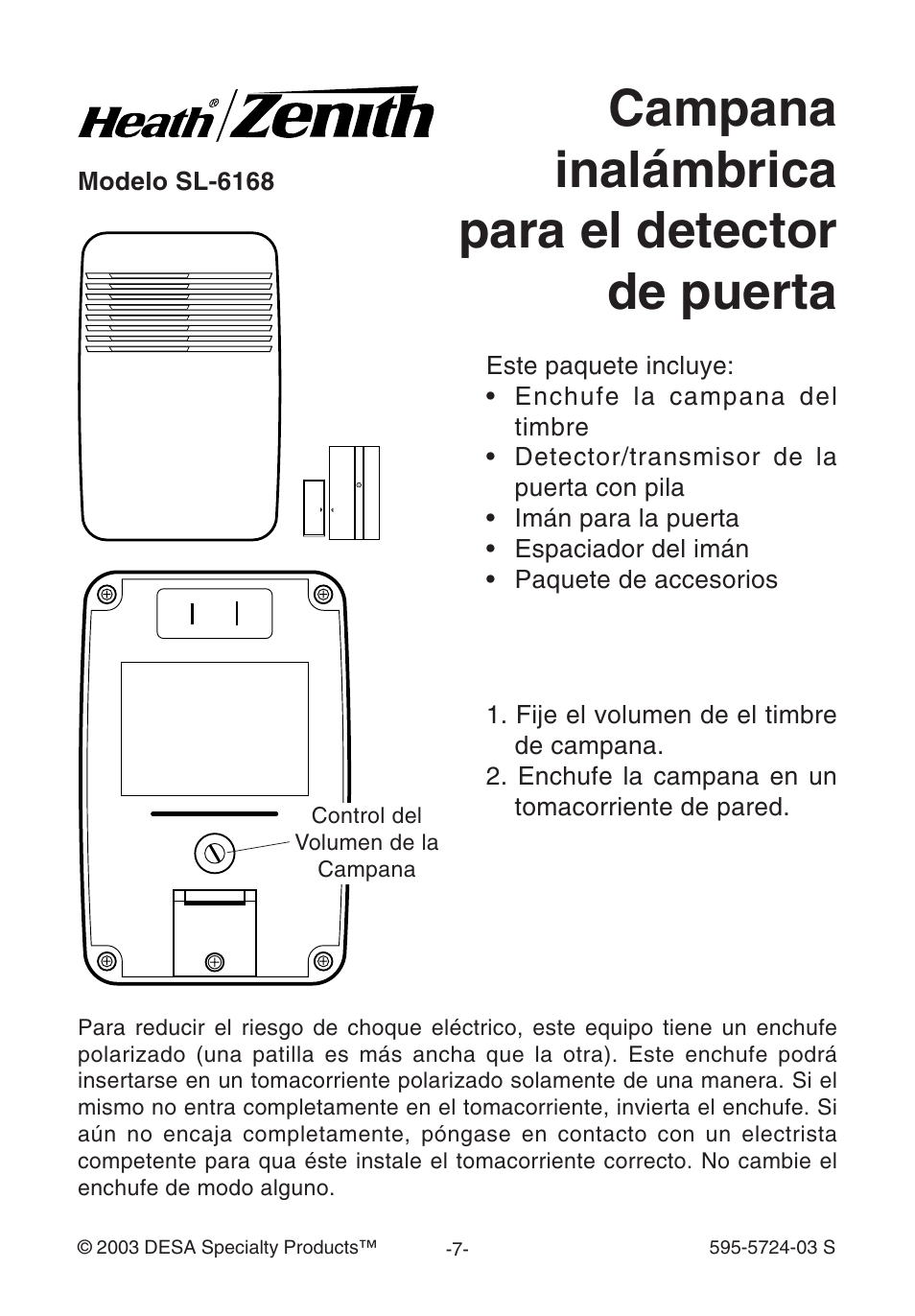 Campana inalámbrica para el detector de puerta | Heath Zenith WIRELESS SL-6168 User Manual | Page 7 / 20