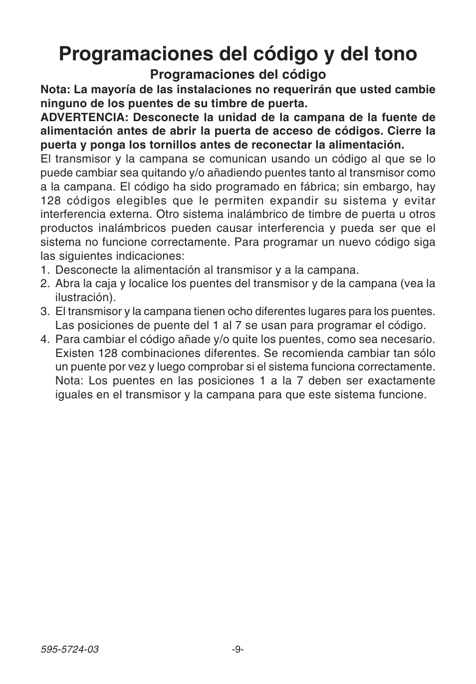 Programaciones del código y del tono | Heath Zenith WIRELESS SL-6168 User Manual | Page 9 / 20