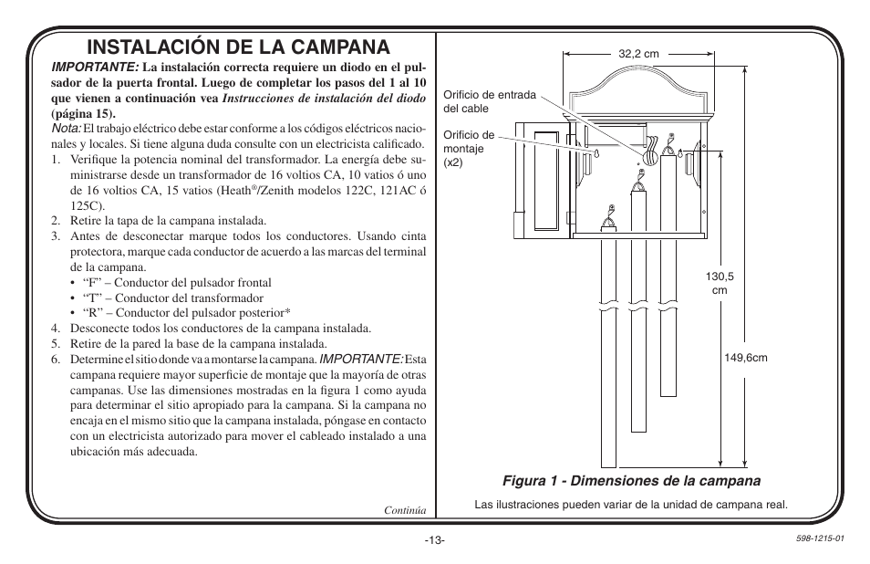 Instalación de la campana | Heath Zenith 598-1215-01 User Manual | Page 13 / 32