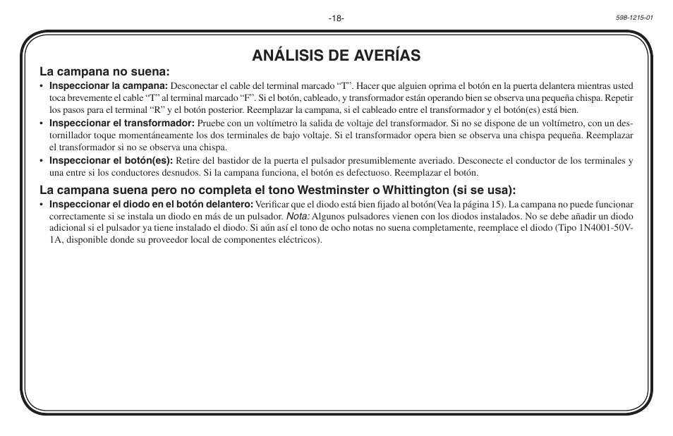 Análisis de averías | Heath Zenith 598-1215-01 User Manual | Page 18 / 32