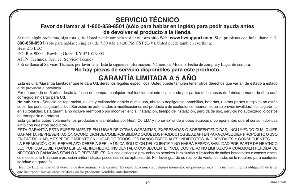 Garantía limitada a 5 año, Servicio técnico | Heath Zenith 598-1215-01 User Manual | Page 19 / 32