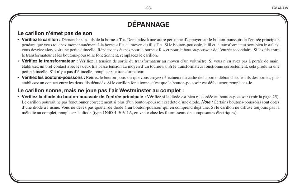 Dépannage | Heath Zenith 598-1215-01 User Manual | Page 28 / 32