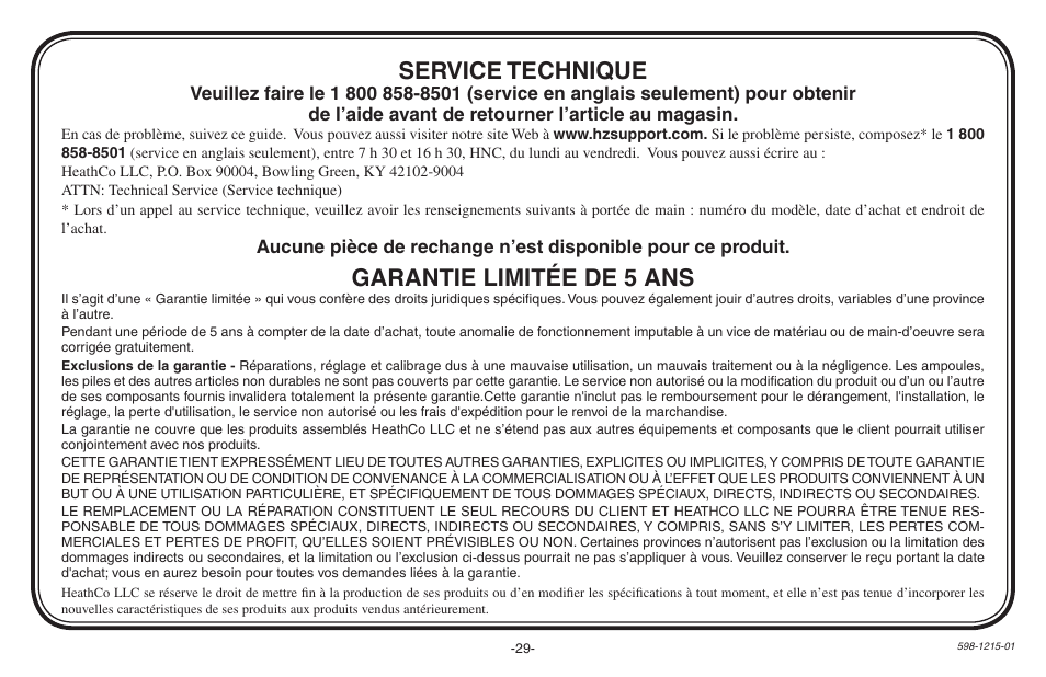 Garantie limitée de 5 ans, Service technique | Heath Zenith 598-1215-01 User Manual | Page 29 / 32