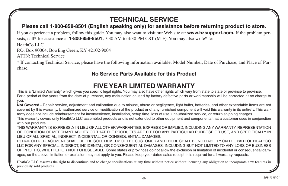 Five year limited warranty, Technical service | Heath Zenith 598-1215-01 User Manual | Page 9 / 32