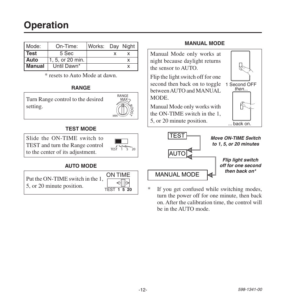 Operation, Manual mode auto test | Heath Zenith Secure Home SH-9250-WH User Manual | Page 12 / 42