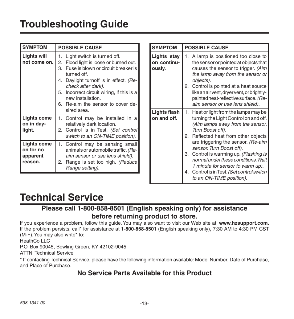Troubleshooting guide technical service, No service parts available for this product | Heath Zenith Secure Home SH-9250-WH User Manual | Page 13 / 42