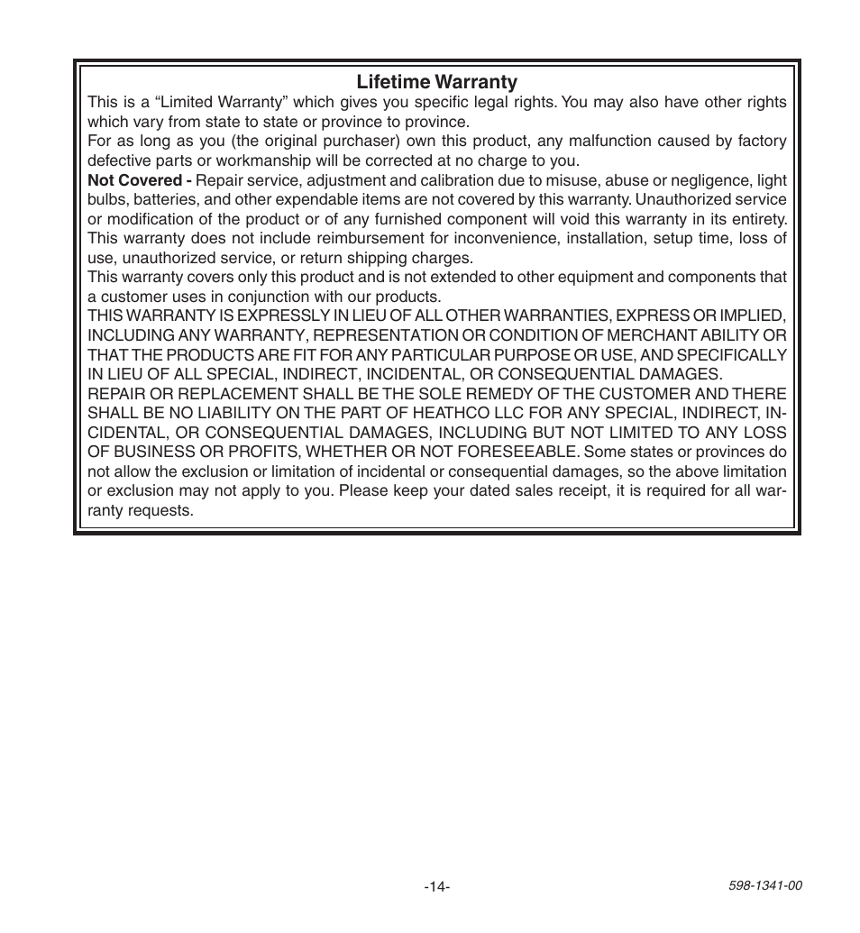 Lifetime warranty | Heath Zenith Secure Home SH-9250-WH User Manual | Page 14 / 42
