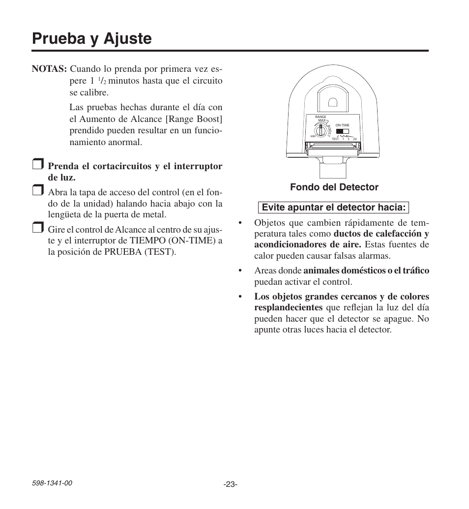 Prueba y ajuste | Heath Zenith Secure Home SH-9250-WH User Manual | Page 23 / 42