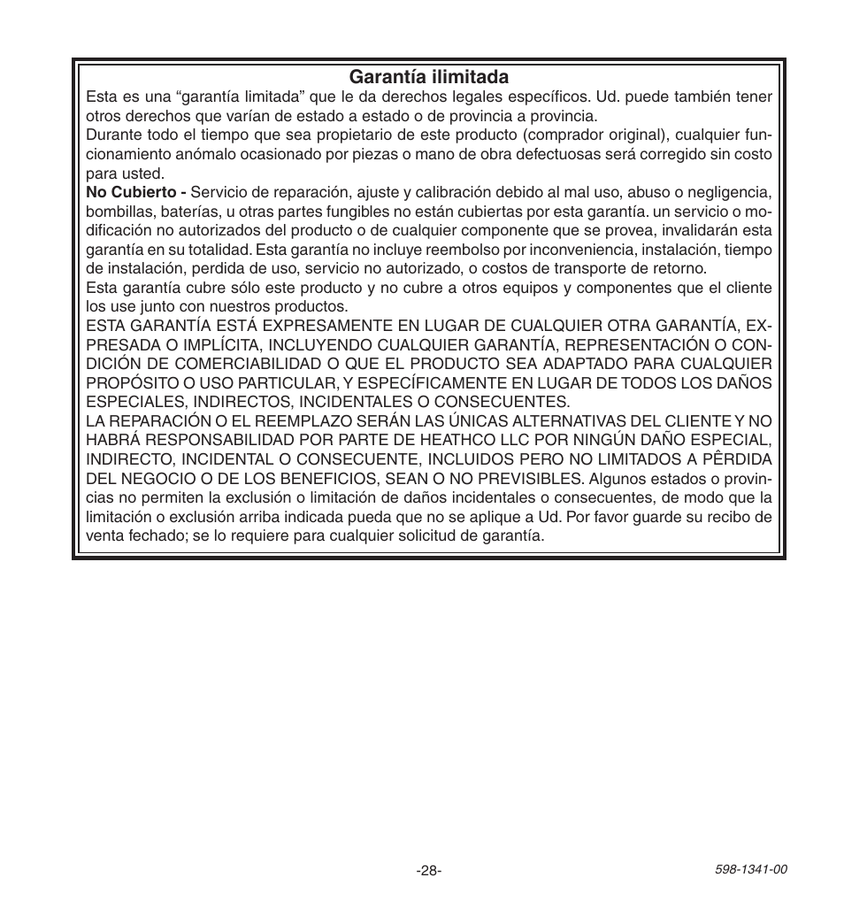 Garantía ilimitada | Heath Zenith Secure Home SH-9250-WH User Manual | Page 28 / 42