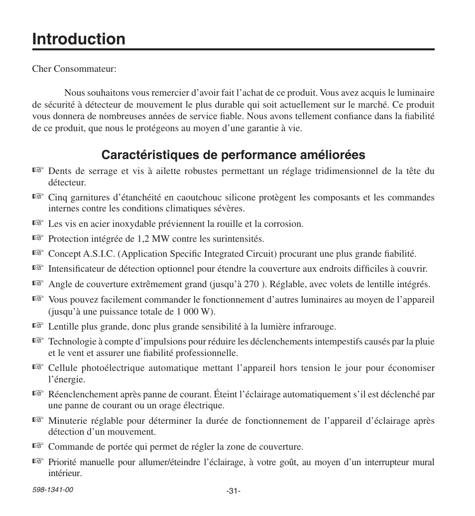 Introduction, Caractéristiques de performance améliorées | Heath Zenith Secure Home SH-9250-WH User Manual | Page 31 / 42