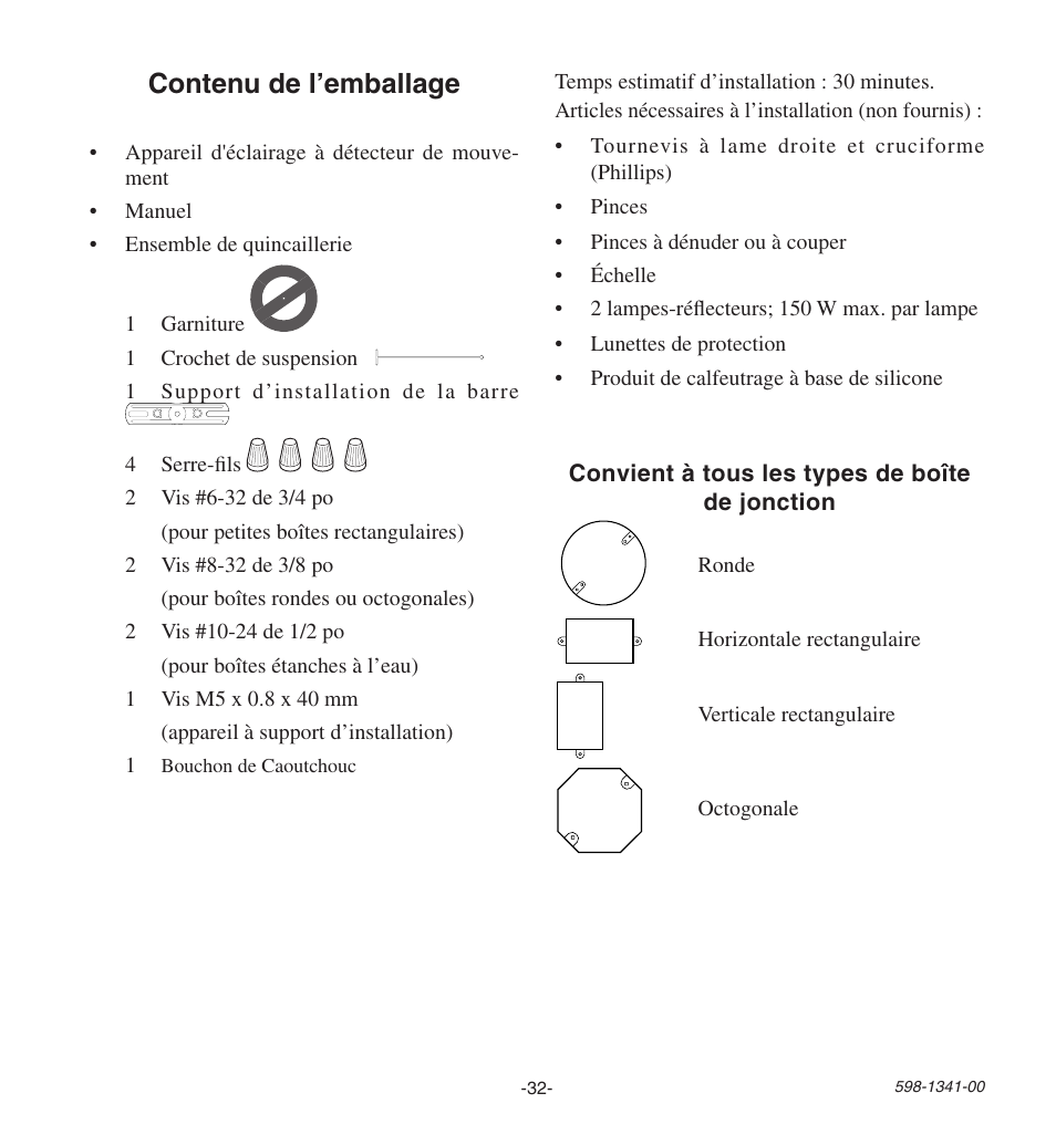 Contenu de l’emballage | Heath Zenith Secure Home SH-9250-WH User Manual | Page 32 / 42