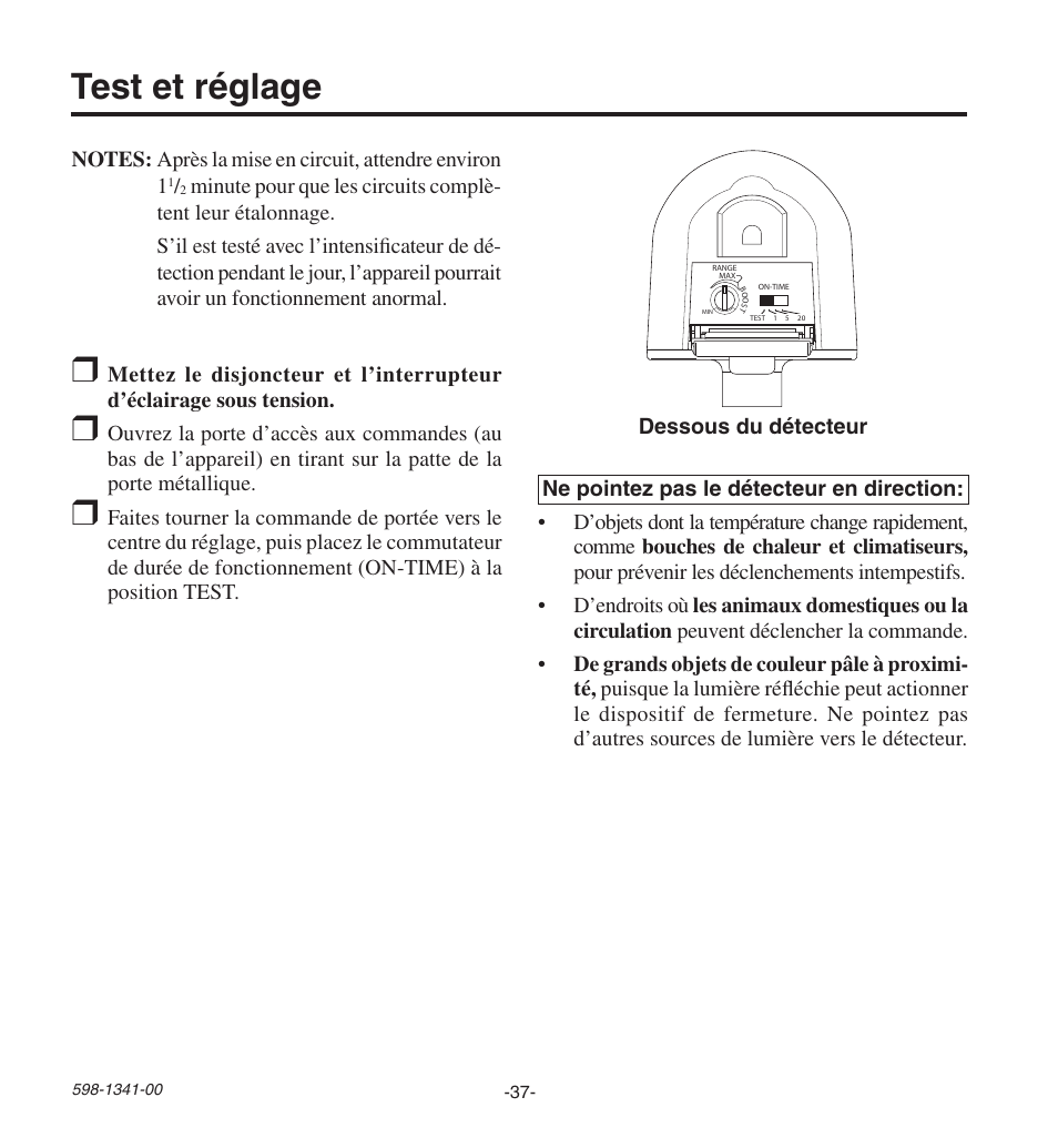 Test et réglage | Heath Zenith Secure Home SH-9250-WH User Manual | Page 37 / 42
