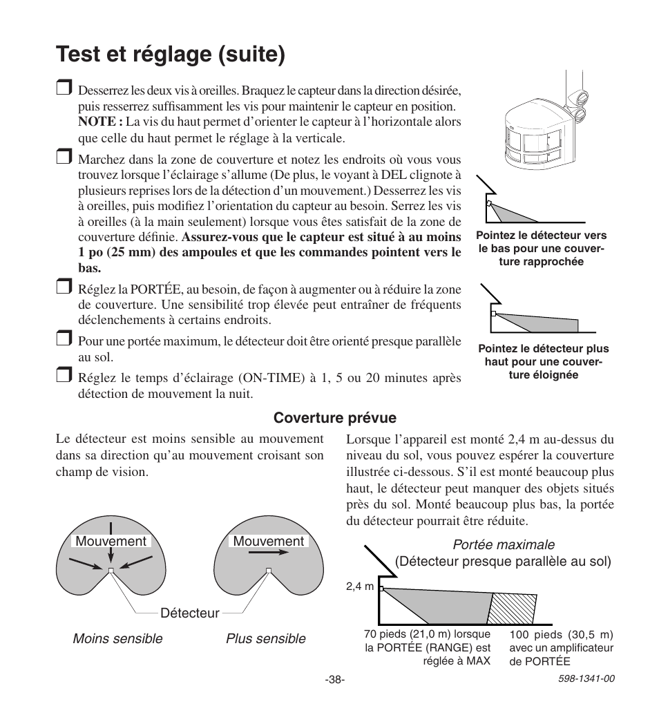 Test et réglage (suite) | Heath Zenith Secure Home SH-9250-WH User Manual | Page 38 / 42
