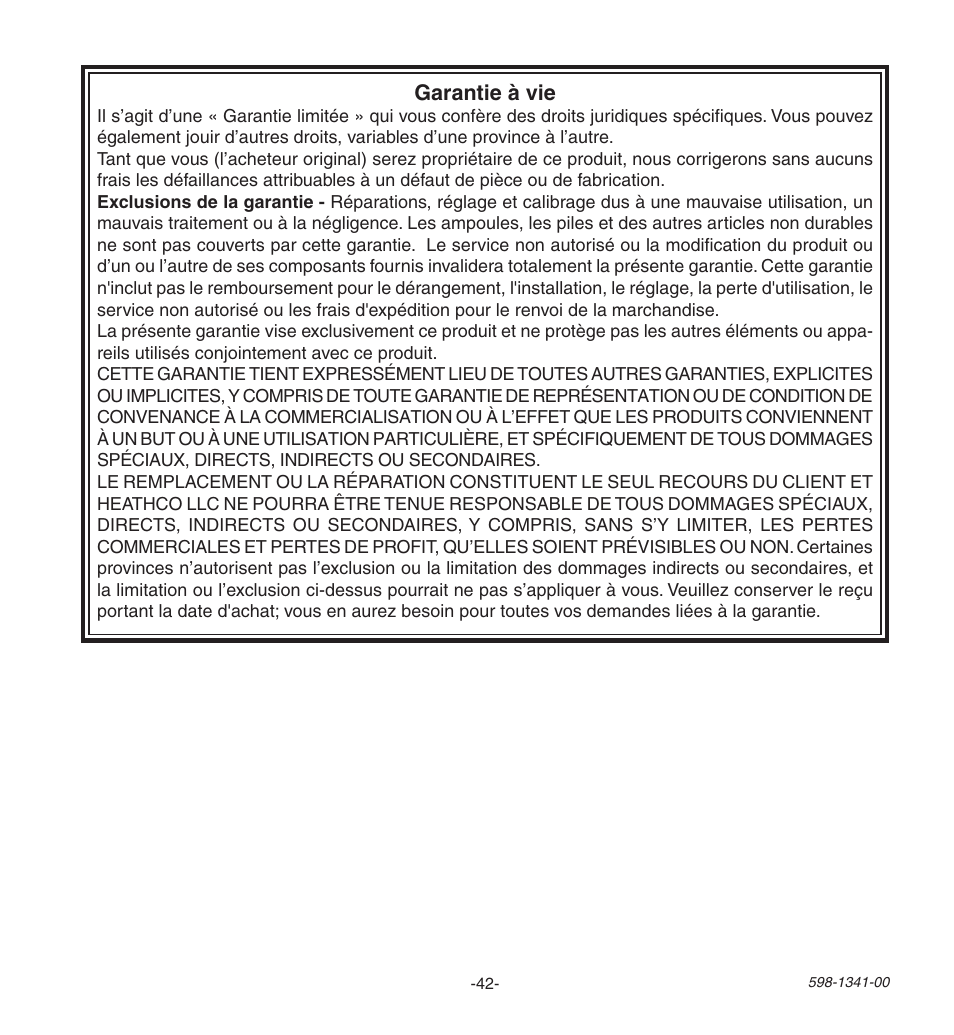 Garantie à vie | Heath Zenith Secure Home SH-9250-WH User Manual | Page 42 / 42