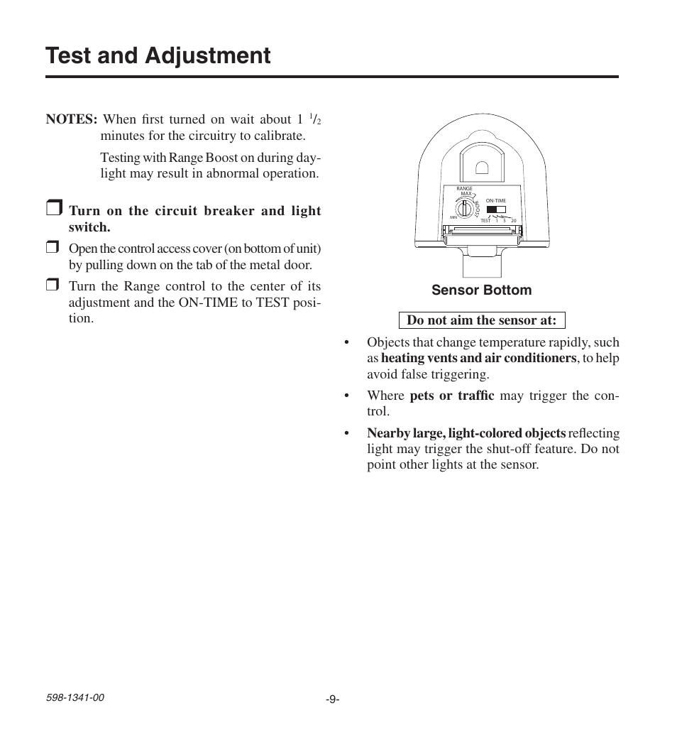 Test and adjustment | Heath Zenith Secure Home SH-9250-WH User Manual | Page 9 / 42