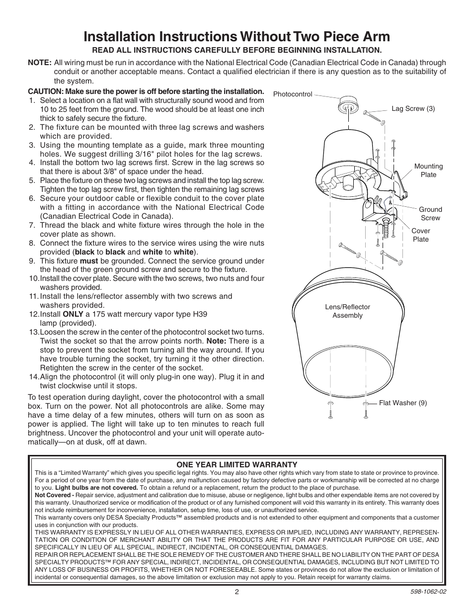 Installation instructions without two piece arm | Heath Zenith 175 WATT MERCURY VAPOR DUSK TO DAWN SECURITY LIGHT SL-5653 User Manual | Page 2 / 8