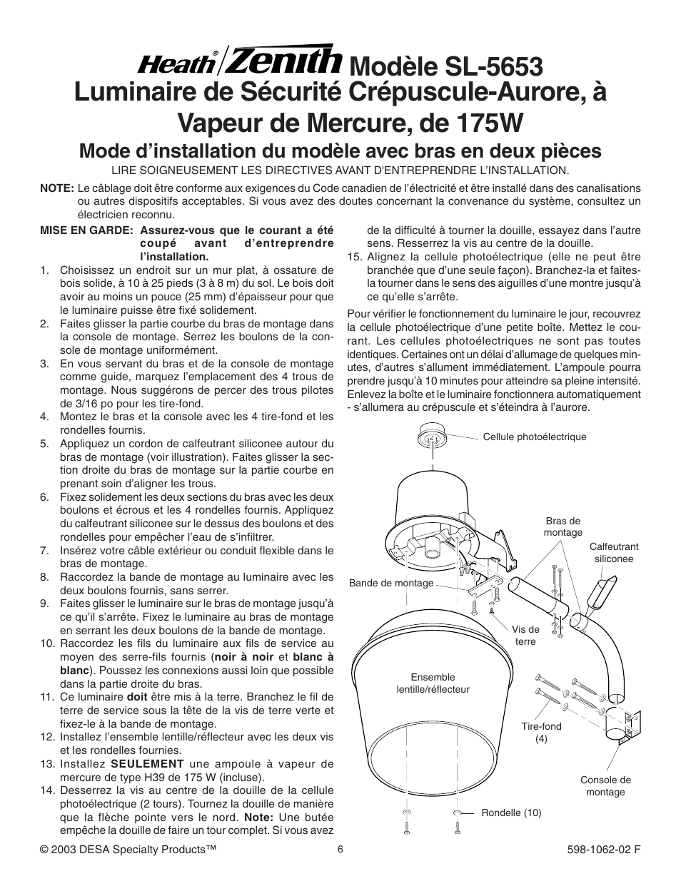 Heath Zenith 175 WATT MERCURY VAPOR DUSK TO DAWN SECURITY LIGHT SL-5653 User Manual | Page 6 / 8