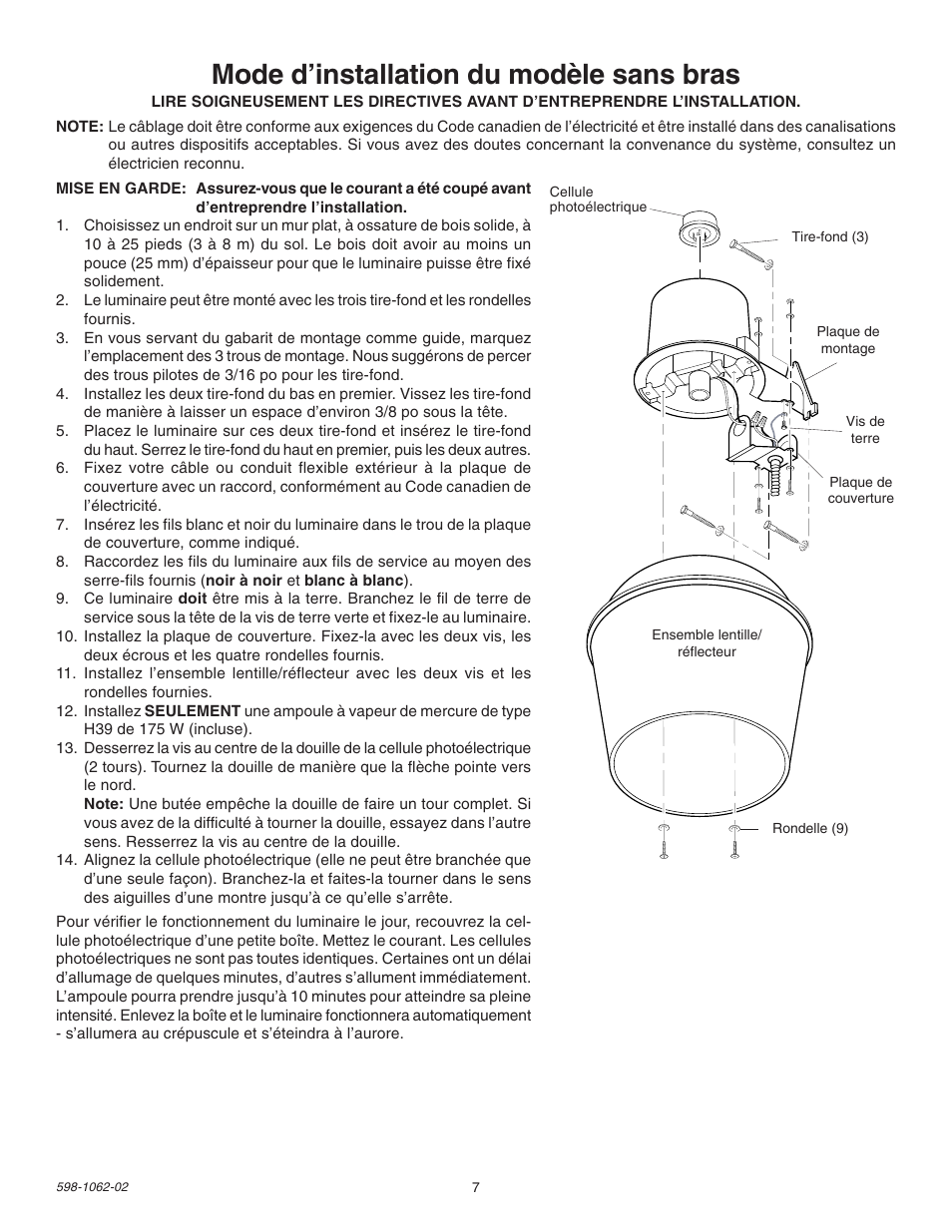 Mode d’installation du modèle sans bras | Heath Zenith 175 WATT MERCURY VAPOR DUSK TO DAWN SECURITY LIGHT SL-5653 User Manual | Page 7 / 8