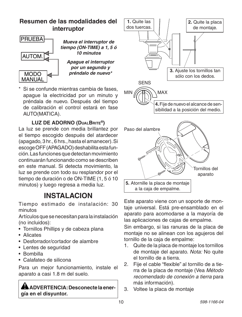 Instalacion, Resumen de las modalidades del interruptor | Heath Zenith Dual Brite PF-4125-AZ User Manual | Page 10 / 24