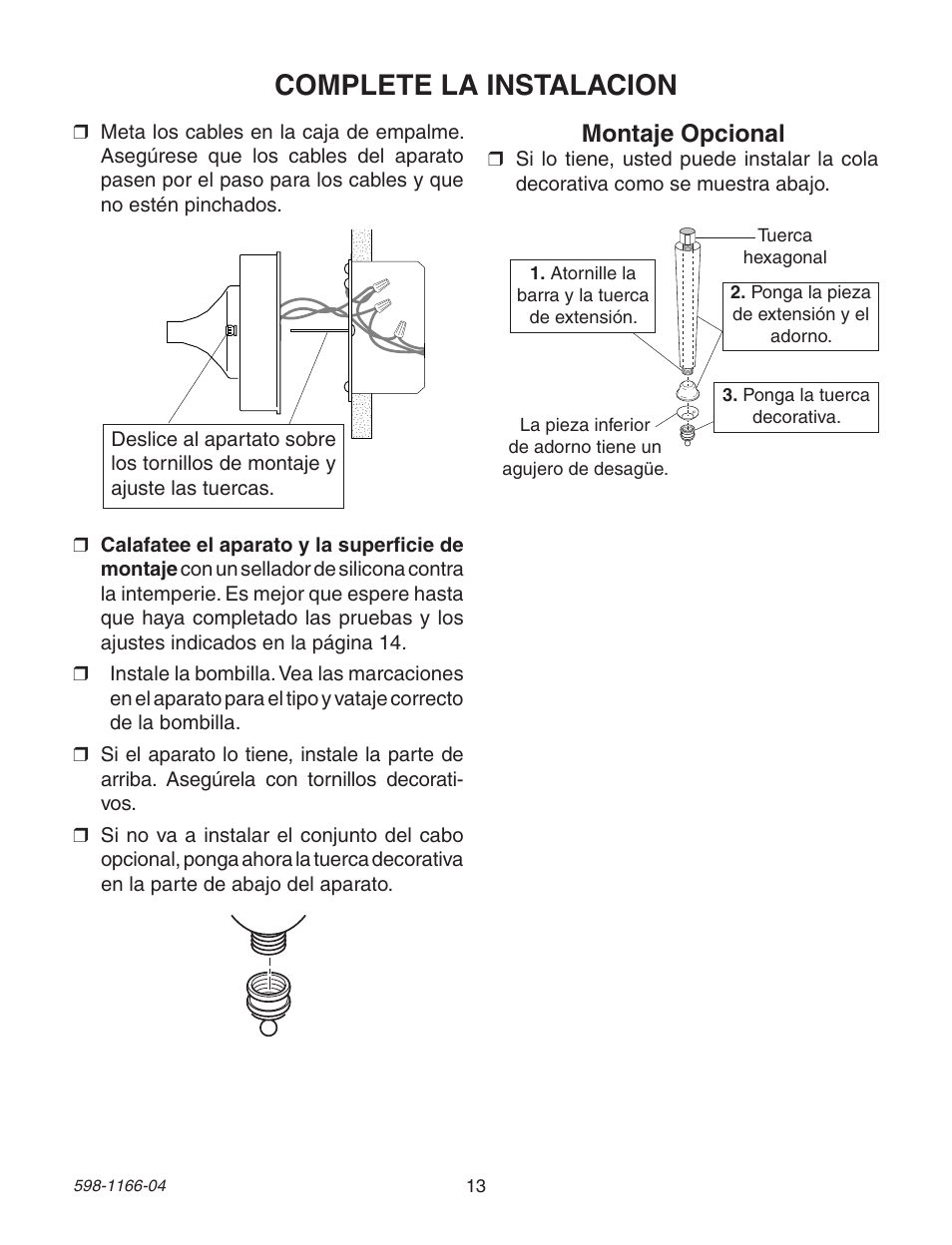 Complete la instalacion, Montaje opcional | Heath Zenith Dual Brite PF-4125-AZ User Manual | Page 13 / 24