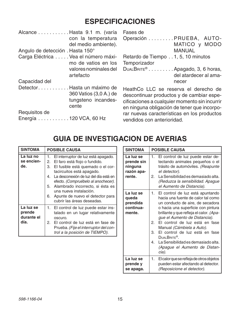 Guia de investigacion de averias, Especificaciones | Heath Zenith Dual Brite PF-4125-AZ User Manual | Page 15 / 24