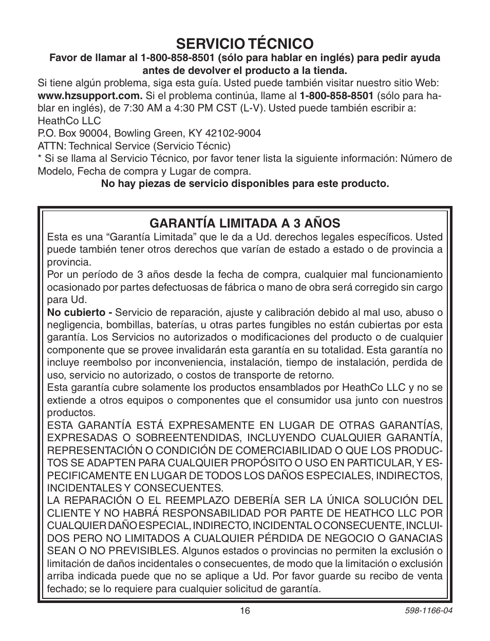 Servicio técnico | Heath Zenith Dual Brite PF-4125-AZ User Manual | Page 16 / 24