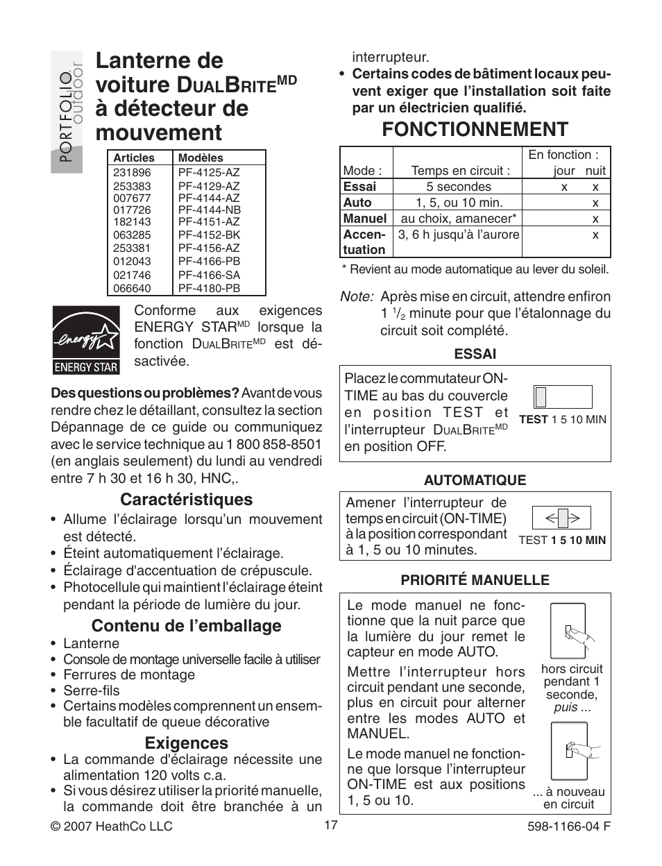 Lanterne de voiture d, À détecteur de mouvement, Fonctionnement | Caractéristiques, Contenu de l’emballage, Exigences | Heath Zenith Dual Brite PF-4125-AZ User Manual | Page 17 / 24