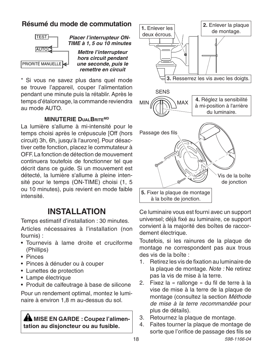 Installation, Résumé du mode de commutation | Heath Zenith Dual Brite PF-4125-AZ User Manual | Page 18 / 24