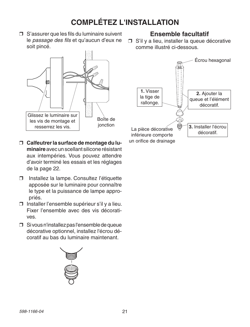 Complétez l'installation, Ensemble facultatif | Heath Zenith Dual Brite PF-4125-AZ User Manual | Page 21 / 24