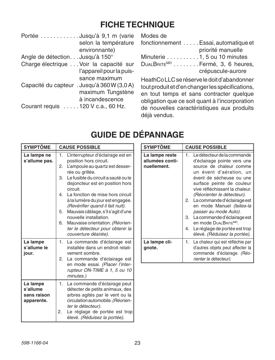 Guide de dépannage, Fiche technique | Heath Zenith Dual Brite PF-4125-AZ User Manual | Page 23 / 24