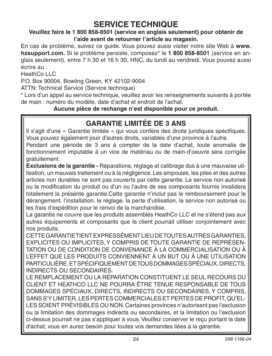 Service technique, Garantie limitée de 3 ans | Heath Zenith Dual Brite PF-4125-AZ User Manual | Page 24 / 24