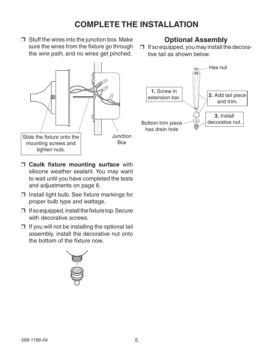 Complete the installation, Optional assembly | Heath Zenith Dual Brite PF-4125-AZ User Manual | Page 5 / 24