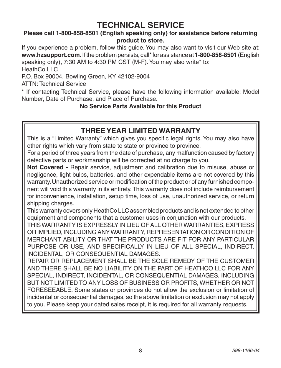 Technical service, Three year limited warranty | Heath Zenith Dual Brite PF-4125-AZ User Manual | Page 8 / 24