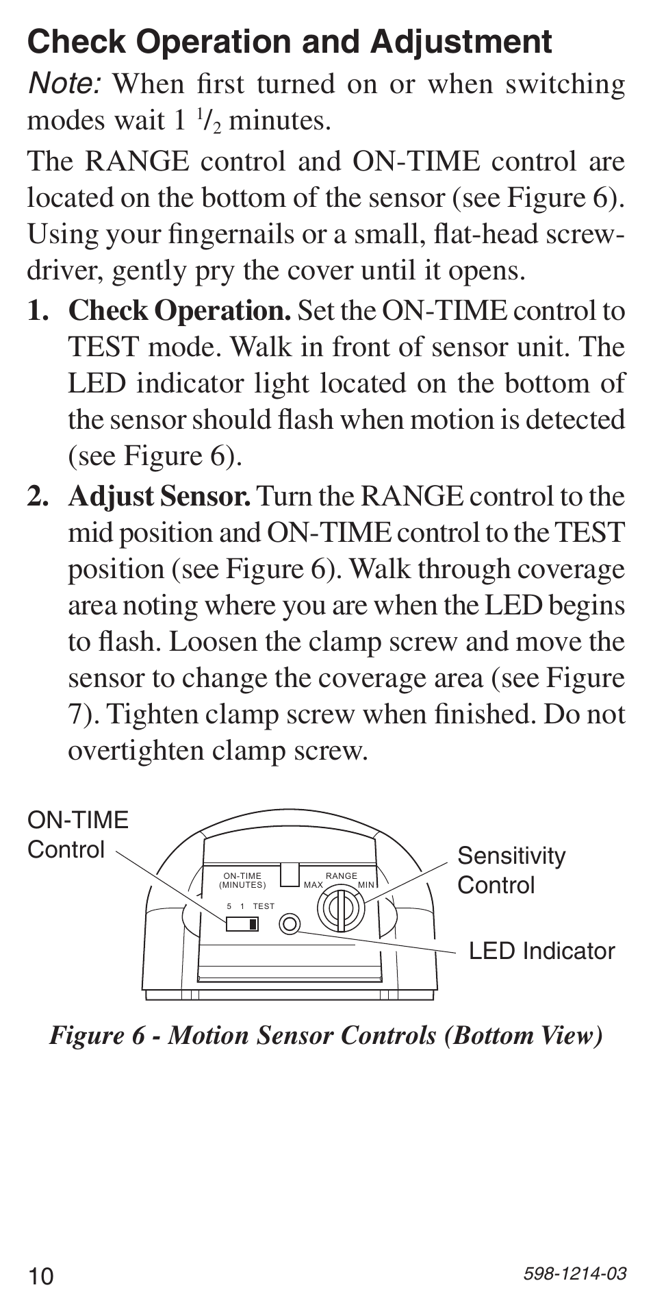 Check operation and adjustment, Figure 6 - motion sensor controls (bottom view) | Heath Zenith 598-1214-03 User Manual | Page 10 / 36