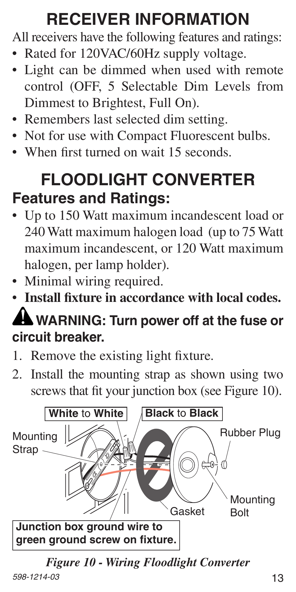 Floodlight converter, Receiver information, Features and ratings | Heath Zenith 598-1214-03 User Manual | Page 13 / 36