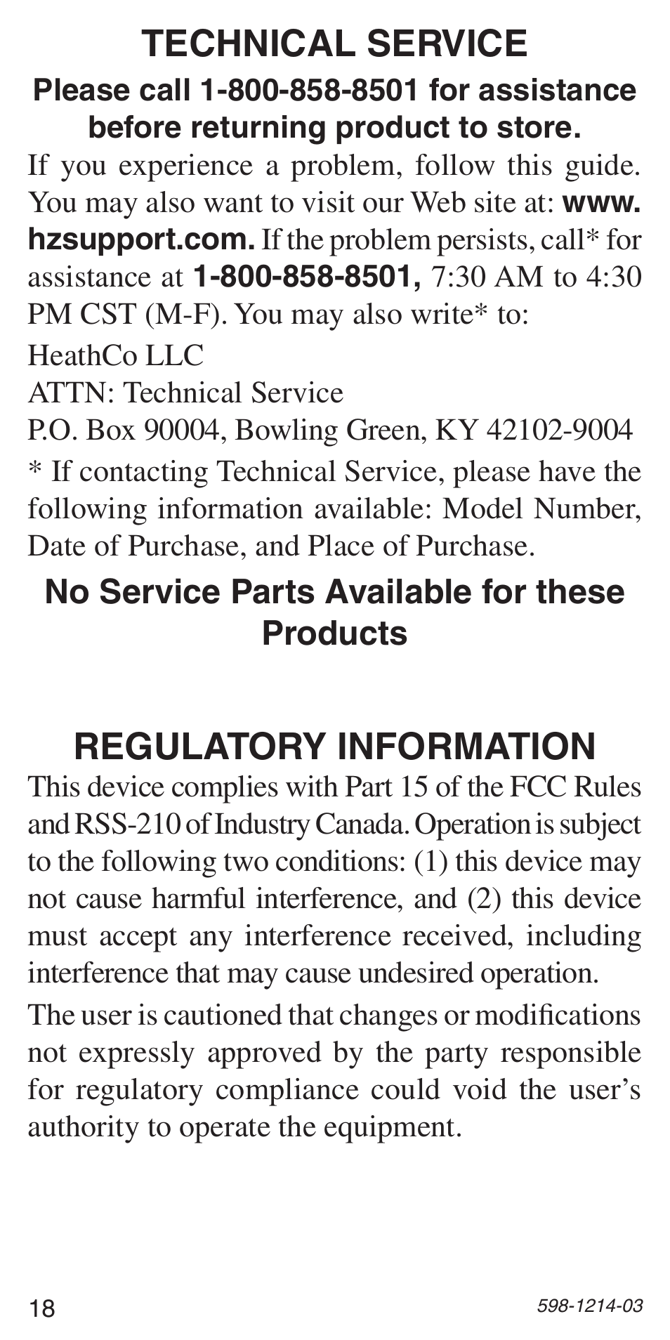 Technical service, Regulatory information | Heath Zenith 598-1214-03 User Manual | Page 18 / 36