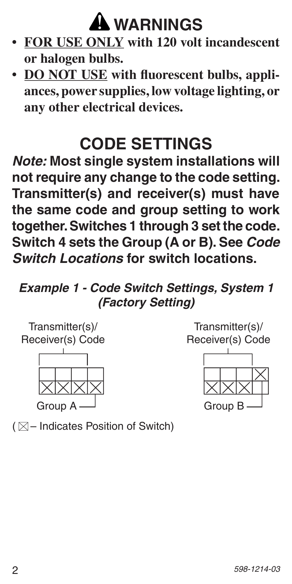 Code settings, Warnings | Heath Zenith 598-1214-03 User Manual | Page 2 / 36